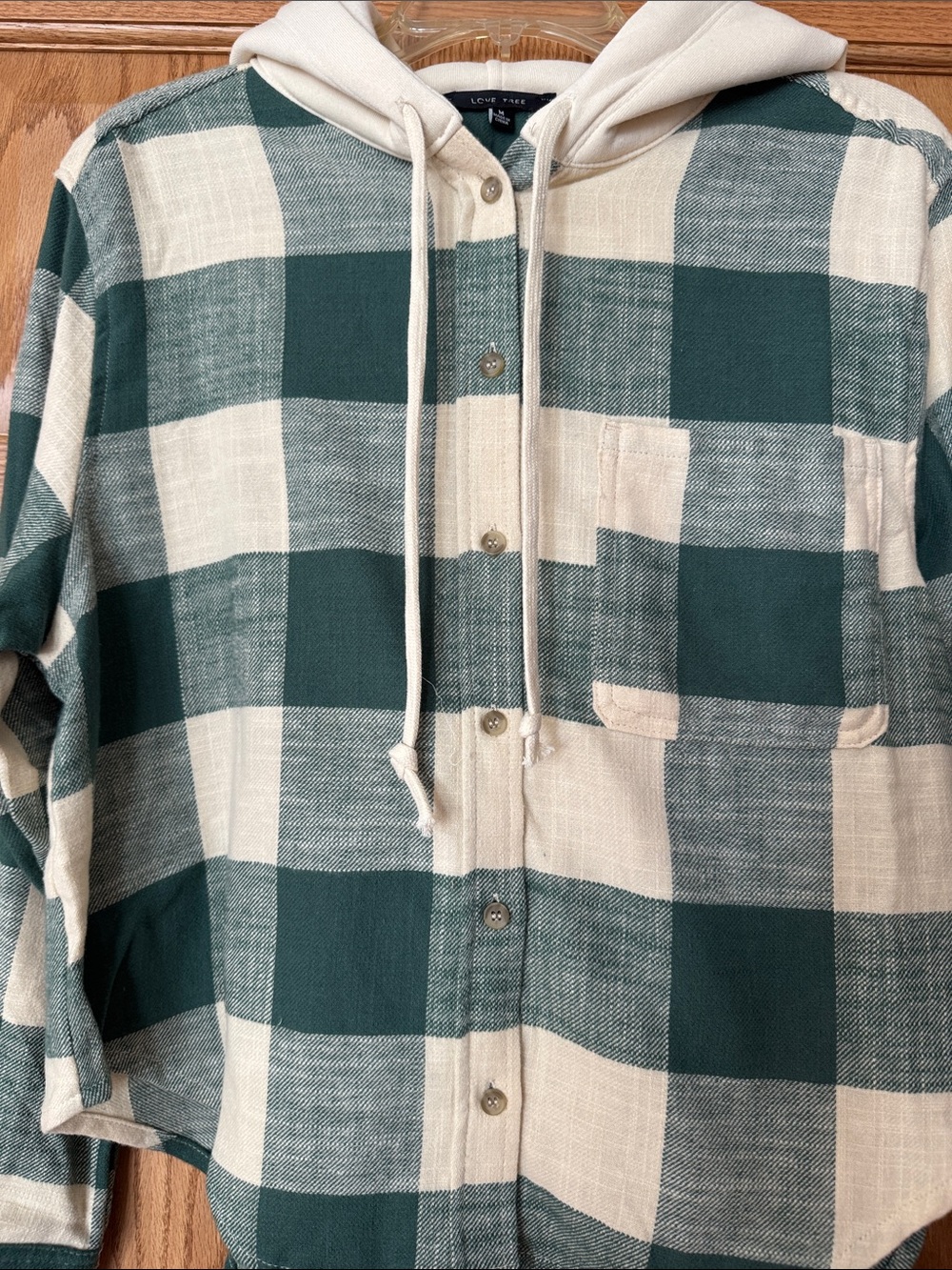 Love Tree Green and Cream Plaid Hooded Button-Down Shirt